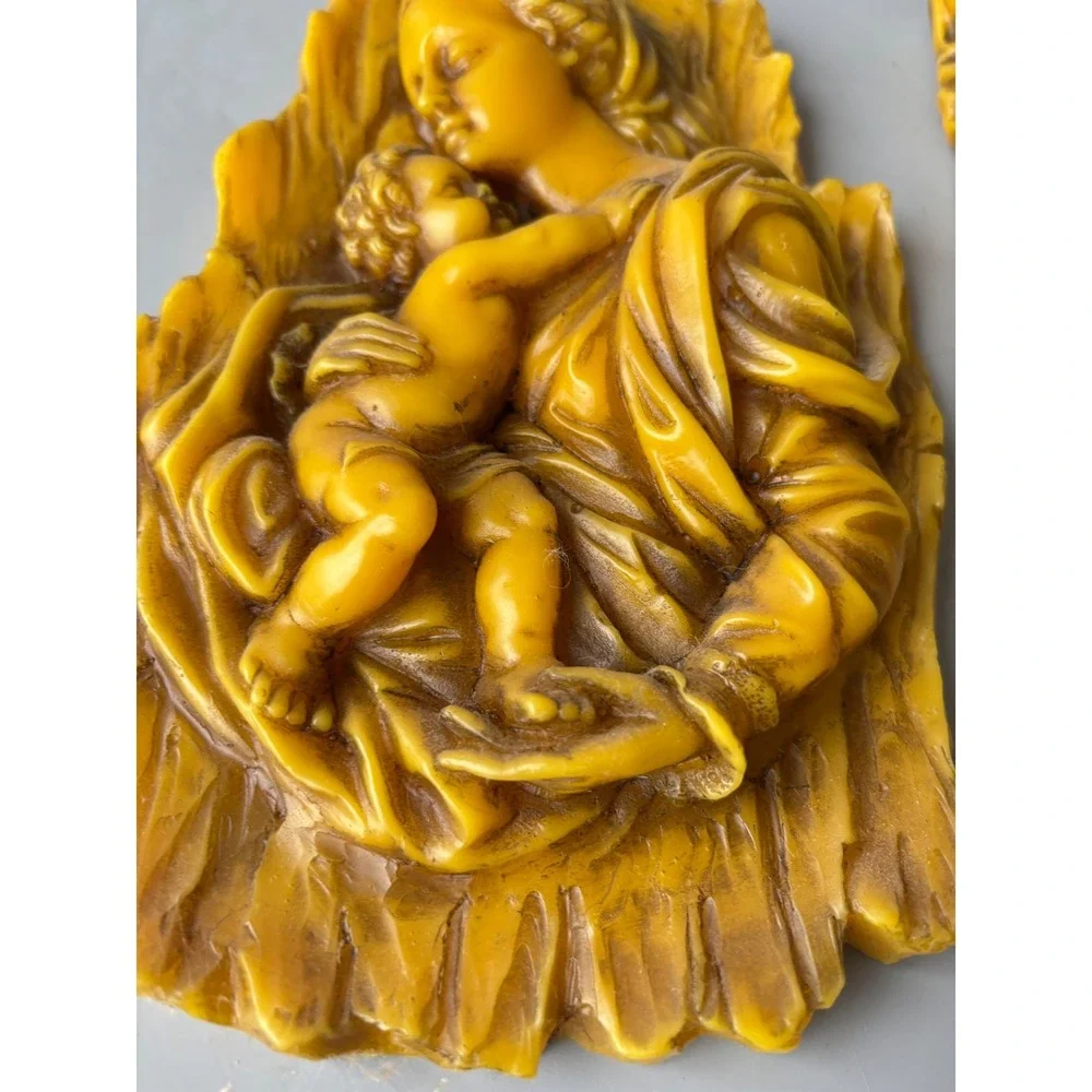 Vtg German‎ Madonna and Child Relief Plaques Set Wax Religious Wall Decor RARE